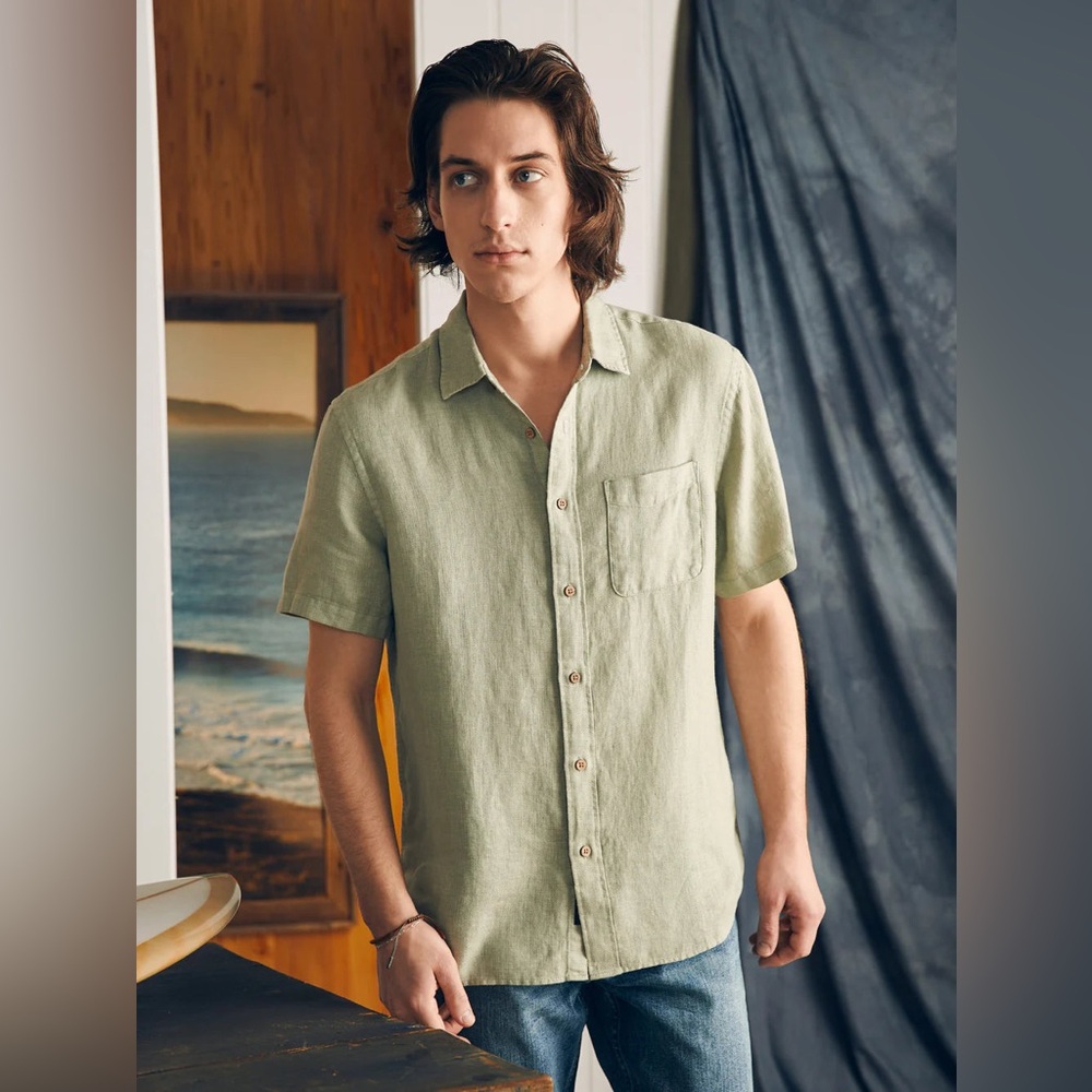 Faherty Men's Green Linen Shirt